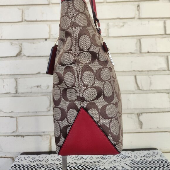 Like New Coach City Signature Khaki & Red Leather Shoulder Bag Purse Satchel - Picture 4 of 15